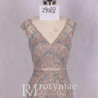 Glitter Beaded Crystals Vneck Mermaid Evening Gown Party Dress - Rosymae