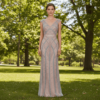 Glitter Beaded Crystals Vneck Mermaid Evening Gown Party Dress - Rosymae