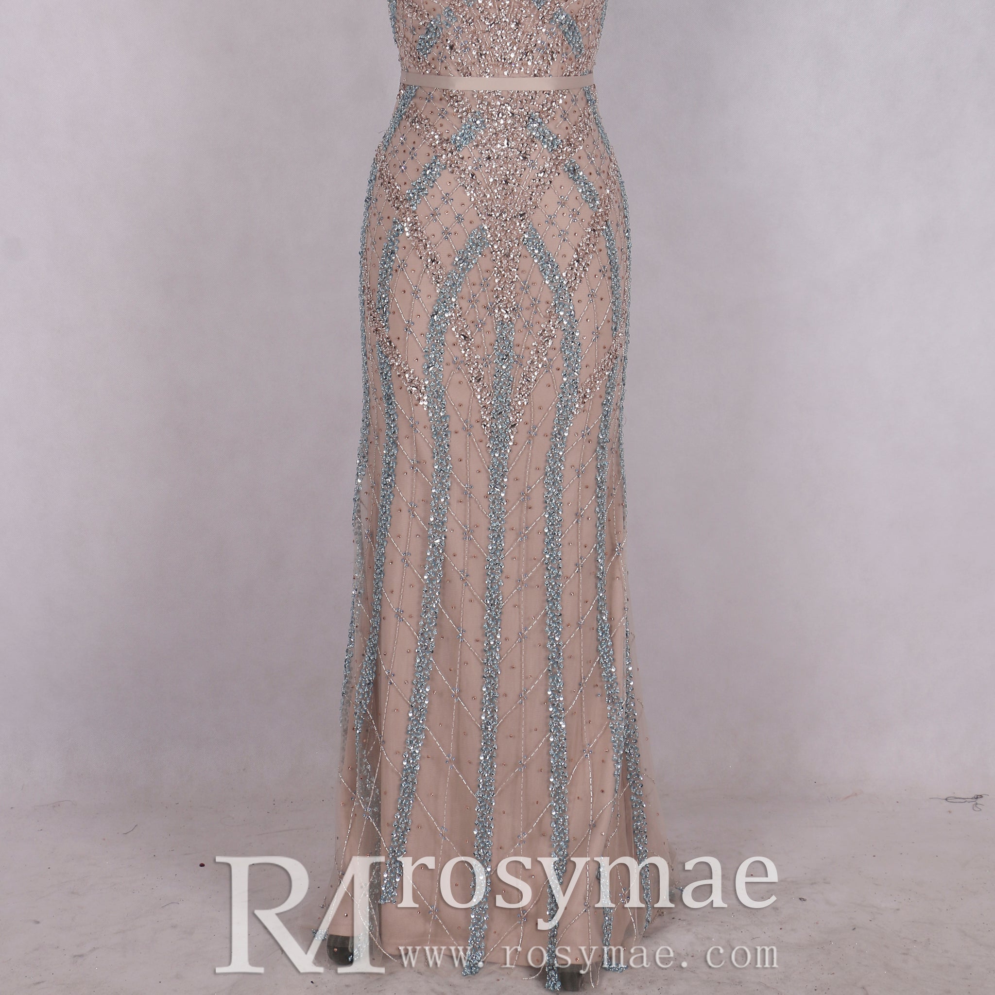 Glitter Beaded Crystals Vneck Mermaid Evening Gown Party Dress - Rosymae