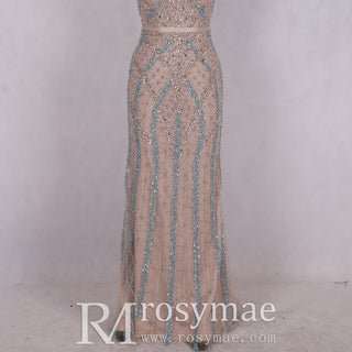 Glitter Beaded Crystals Vneck Mermaid Evening Gown Party Dress - Rosymae