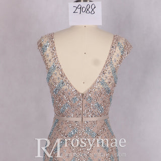 Glitter Beaded Crystals Vneck Mermaid Evening Gown Party Dress - Rosymae