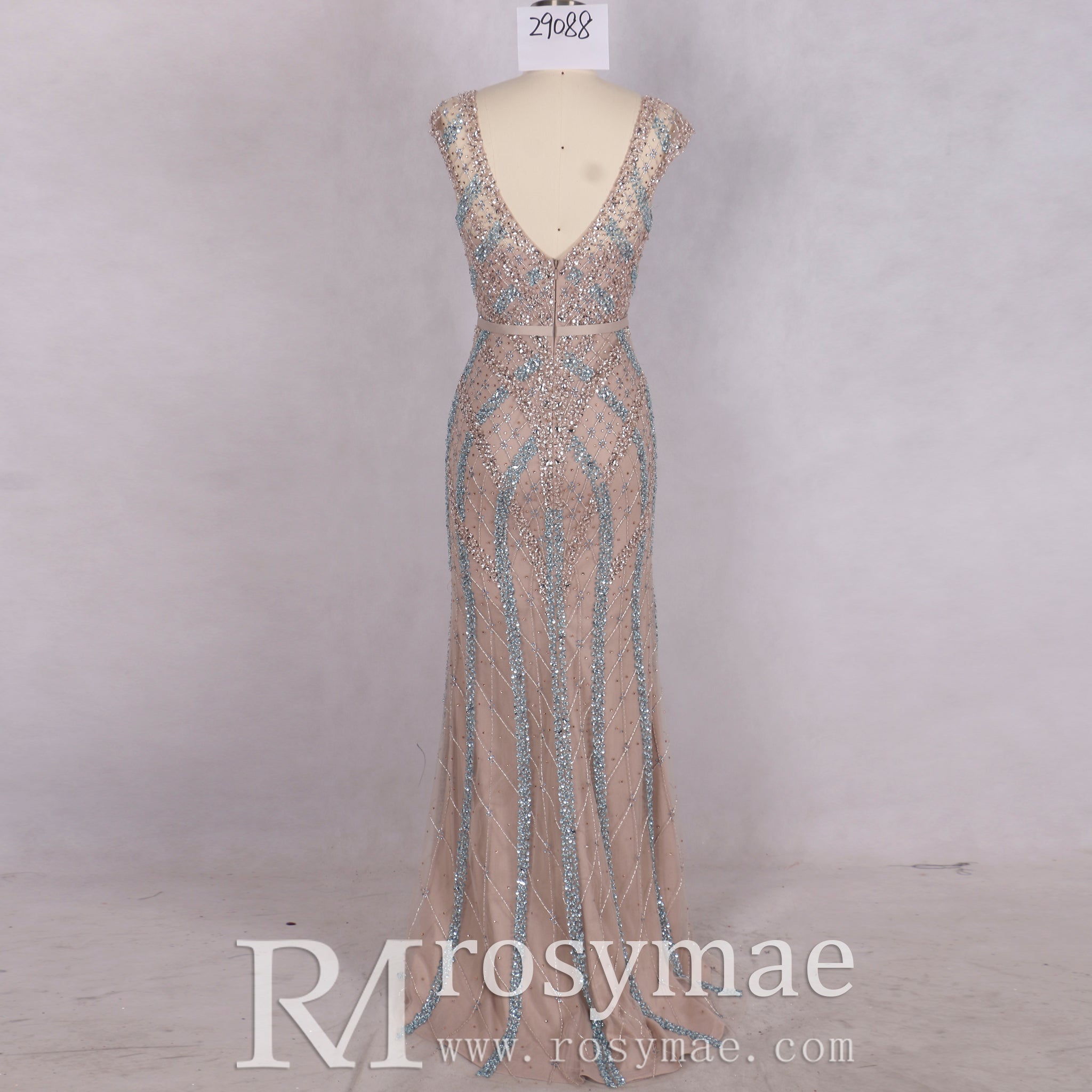 Glitter Beaded Crystals Vneck Mermaid Evening Gown Party Dress - Rosymae