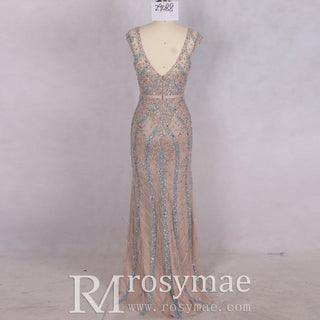 Glitter Beaded Crystals Vneck Mermaid Evening Gown Party Dress - Rosymae