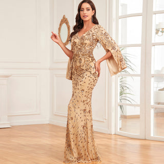Glitter Mermaid Dress Mother of The Bride Long Sleeve V-Neck Formal Gown - Rosymae