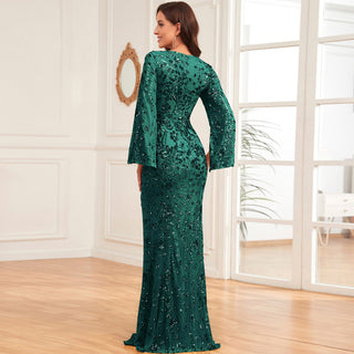 Glitter Mermaid Dress Mother of The Bride Long Sleeve V-Neck Formal Gown - Rosymae
