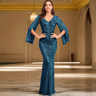 mother of the bride sequin dresses with sleeves Ever-Pretty Embroidery Dress Elegant and regal WEDTREND Women Sparkly Navy Mother