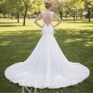 Glittery Cap Sleeve Trumpet Wedding Dress with Beaded Illusion Back - Rosymae
