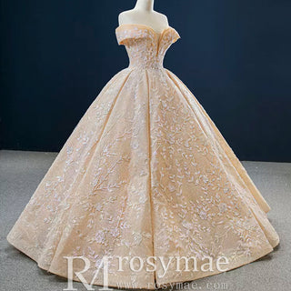 Glittery Champagne Gold Wedding Dress with Off the Shoulder - Rosymae