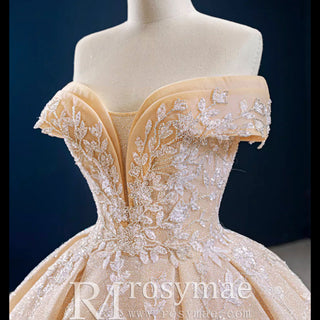 Glittery Champagne Gold Wedding Dress with Off the Shoulder - Rosymae