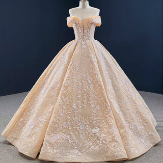 Glittery Champagne Gold Wedding Dress with Off the Shoulder - Rosymae