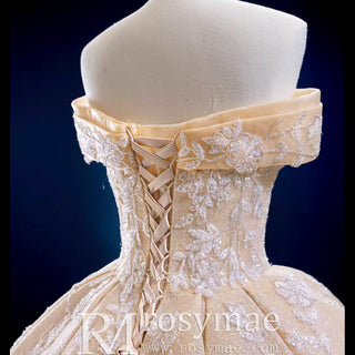 Glittery Champagne Gold Wedding Dress with Off the Shoulder - Rosymae