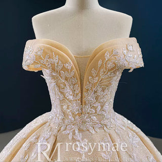 Glittery Champagne Gold Wedding Dress with Off the Shoulder - Rosymae