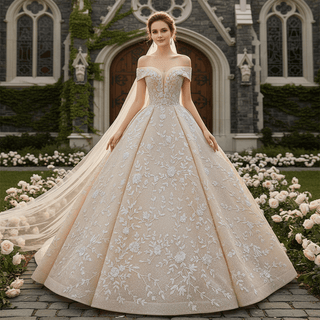 Glittery Champagne Gold Wedding Dress with Off the Shoulder - Rosymae