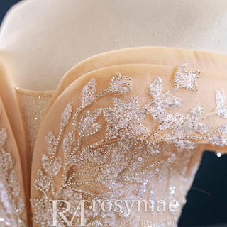 Glittery Champagne Gold Wedding Dress with Off the Shoulder - Rosymae