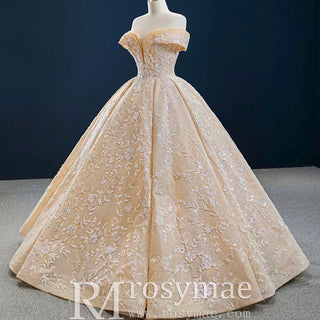 Glittery Champagne Gold Wedding Dress with Off the Shoulder - Rosymae