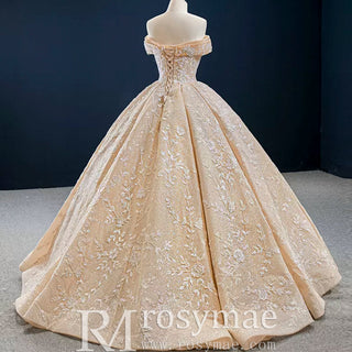 Glittery Champagne Gold Wedding Dress with Off the Shoulder - Rosymae