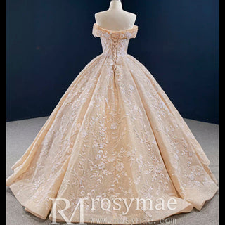 Glittery Champagne Gold Wedding Dress with Off the Shoulder - Rosymae