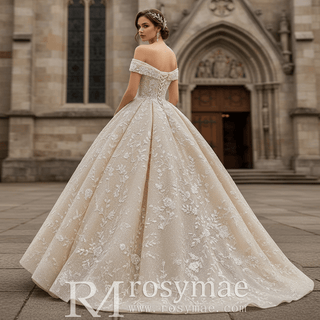 Glittery Champagne Gold Wedding Dress with Off the Shoulder - Rosymae