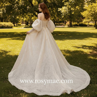 Glittery Long Lantern Sleeves Ball Gown Wedding Dress - Rosymae