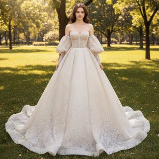 Glittery Long Lantern Sleeves Ball Gown Wedding Dress - Rosymae