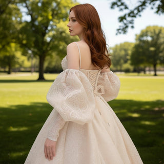 Glittery Long Lantern Sleeves Ball Gown Wedding Dress - Rosymae