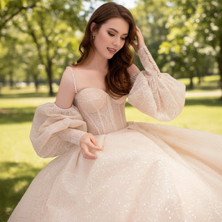 Glittery Long Lantern Sleeves Ball Gown Wedding Dress - Rosymae