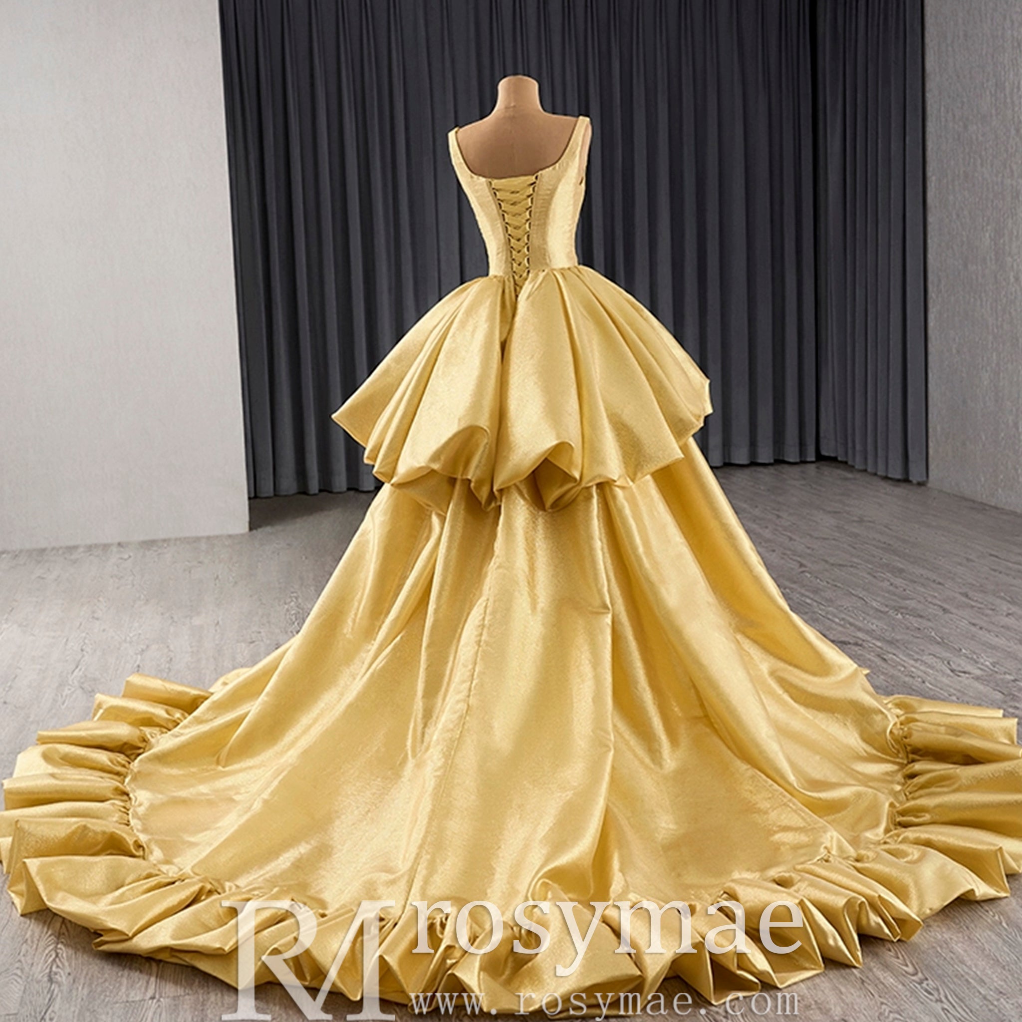 Ruffle A-line V-neck Empire Waist Gold Wedding Dress with Tank Top Custom Colors / 30W Ruffle A-line V-neck Empire Waist Gold Wedding Dress with Tank Top Custom Colors / 30W