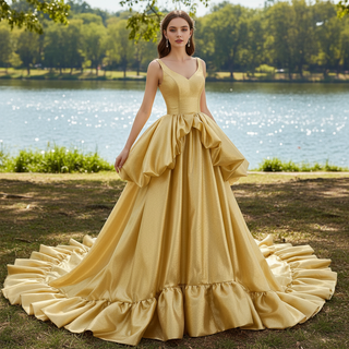 Ruffle A-line V-neck Empire Waist Gold Wedding Dress with Tank Top