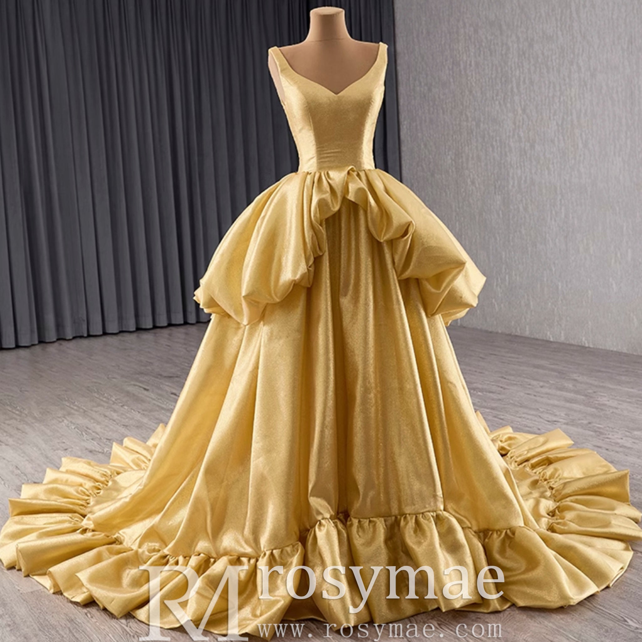Ruffle A-line V-neck Empire Waist Gold Wedding Dress with Tank Top Custom Colors / 30W Ruffle A-line V-neck Empire Waist Gold Wedding Dress with Tank Top Custom Colors / 30W