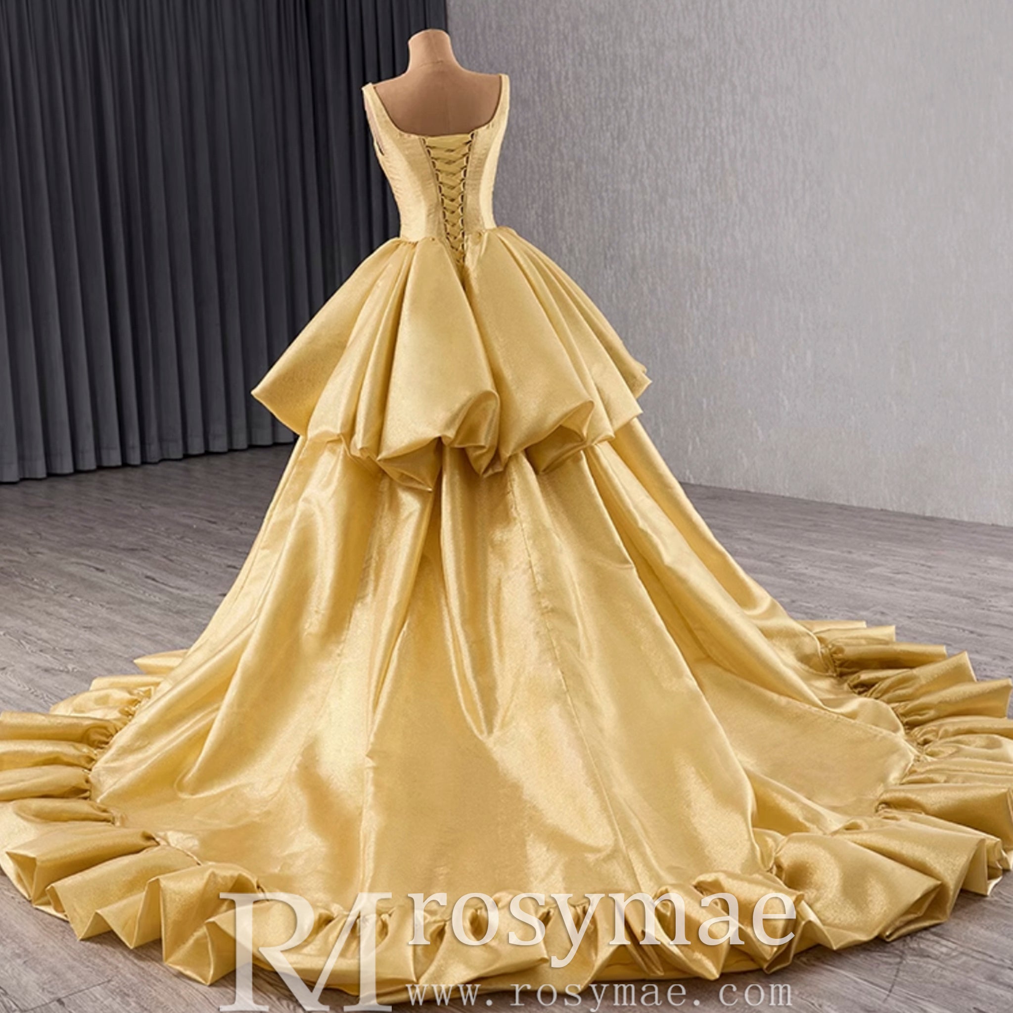 Ruffle A-line V-neck Empire Waist Gold Wedding Dress with Tank Top Custom Colors / 30W Ruffle A-line V-neck Empire Waist Gold Wedding Dress with Tank Top Custom Colors / 30W