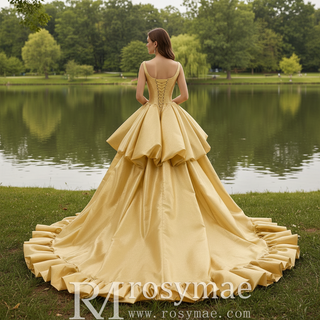 Ruffle A-line V-neck Empire Waist Gold Wedding Dress with Tank Top