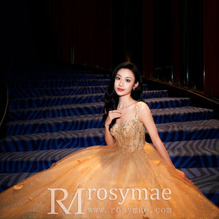 Sparkly Gold Evening Dresses Party Gowns with Wide Strap