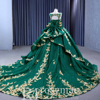 Gold Floral Lace Spring Green Wedding Dress Sparkly Tulle Ball Gown - Rosymae