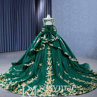 Gold Floral Lace Spring Green Wedding Dress Sparkly Tulle Ball Gown - Rosymae