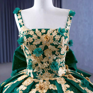 Gold Floral Lace Spring Green Wedding Dress Sparkly Tulle Ball Gown - Rosymae
