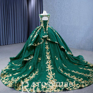 Gold Floral Lace Spring Green Wedding Dress Sparkly Tulle Ball Gown - Rosymae