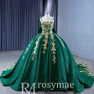 Gold Floral Lace Spring Green Wedding Dress Sparkly Tulle Ball Gown - Rosymae