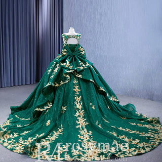 Gold Floral Lace Spring Green Wedding Dress Sparkly Tulle Ball Gown - Rosymae