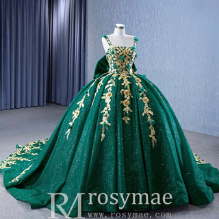 Gold Floral Lace Spring Green Wedding Dress Sparkly Tulle Ball Gown - Rosymae