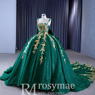 Gold Floral Lace Spring Green Wedding Dress Sparkly Tulle Ball Gown - Rosymae