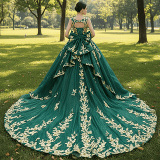 Gold Floral Lace Spring Green Wedding Dress Sparkly Tulle Ball Gown - Rosymae