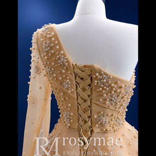 Gold Leg Slit Evening Dress One-Shoulder Long Sleeve - Rosymae