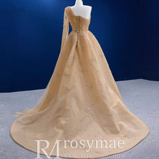 Gold Leg Slit Evening Dress One-Shoulder Long Sleeve - Rosymae