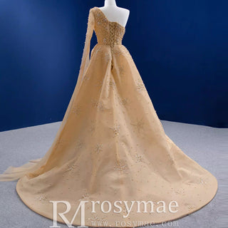 Gold Leg Slit Evening Dress One-Shoulder Long Sleeve - Rosymae