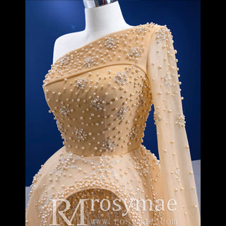 Gold Leg Slit Evening Dress One-Shoulder Long Sleeve - Rosymae