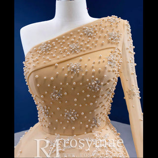 Gold Leg Slit Evening Dress One-Shoulder Long Sleeve - Rosymae