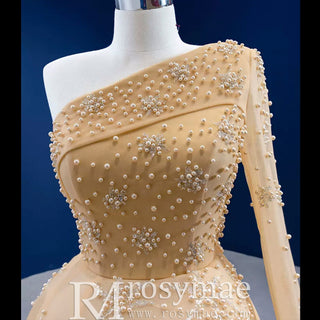 Gold Leg Slit Evening Dress One-Shoulder Long Sleeve - Rosymae