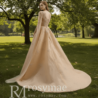 Gold Leg Slit Evening Dress One-Shoulder Long Sleeve - Rosymae