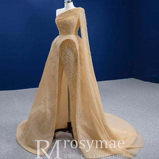 Gold Leg Slit Evening Dress One-Shoulder Long Sleeve - Rosymae