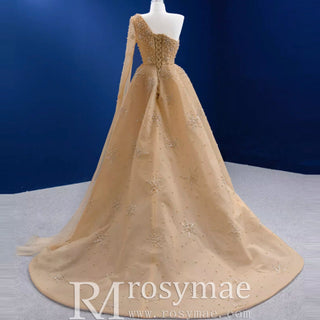 Gold Leg Slit Evening Dress One-Shoulder Long Sleeve - Rosymae